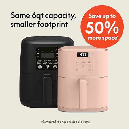 bella 4Qt Slim Air Fryer, Fits-anywhere™ Kitchenware, EverGood™ Ceramic Nonstick Coating, Adjustable Temperature, 6 Preset Cooking Options, 60 Min Auto Shutoff w Audible Tone, 3.3lb Capacity, Oatmilk