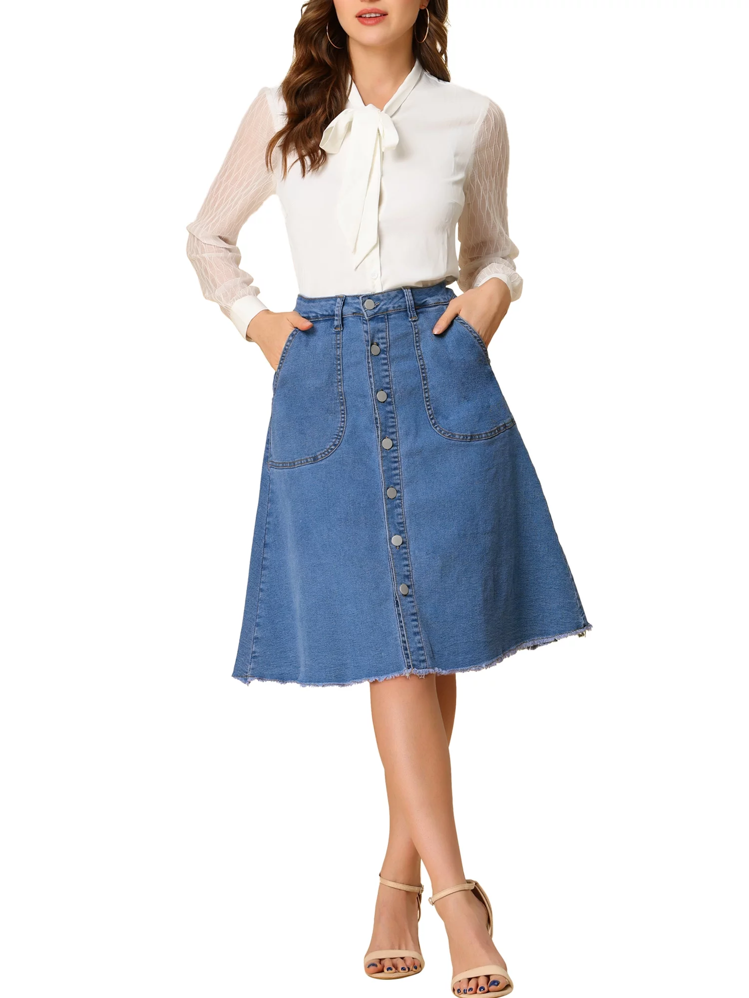 Allegra K Women's Denim Skirt Raw Hem Button Down A-Line Midi Jeans Skirts