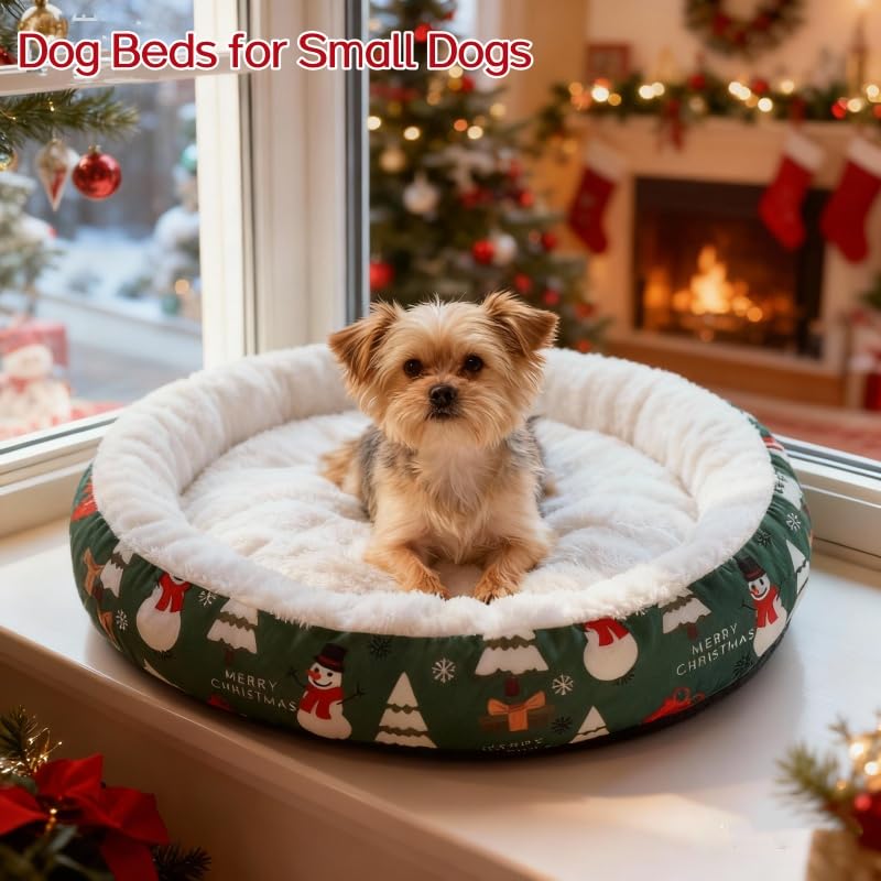 Christmas Dount Dog Beds for Small Dogs & Catss, Xmas Winter Christmas Cat Beds for Indoor Cats, Round Small Dog Bed with Soft Bolster and Non-Slip Bottom (Red, S: 13.7 * 13.7 * 2.5 in)