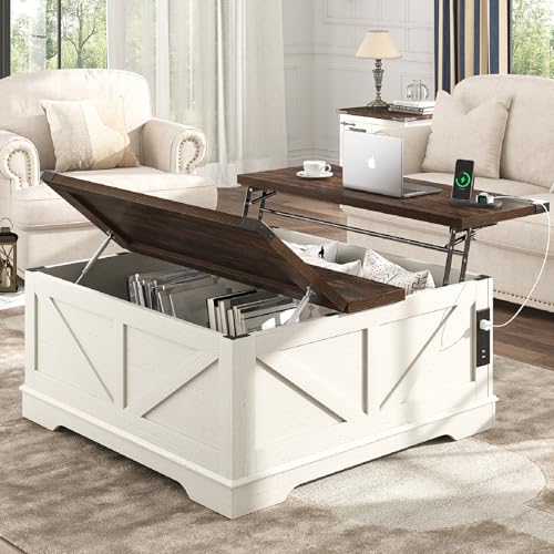 40” Large Farmhouse Lift Top Coffee Table with Power Outlets and Large Hidden Storage, Square Wood Living Room Tables, Multi-Function Lift Wooden Barn Door Center Table, Rustic White