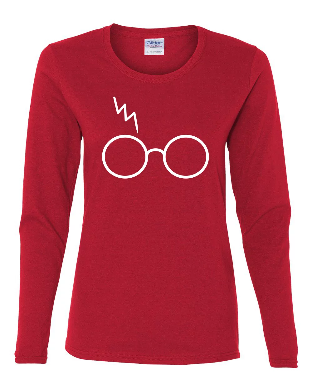 Wild Bobby, White Wizard Glasses and Lightning Scar, Pop Culture, Women Graphic Long Sleeve Tee, Red, Small