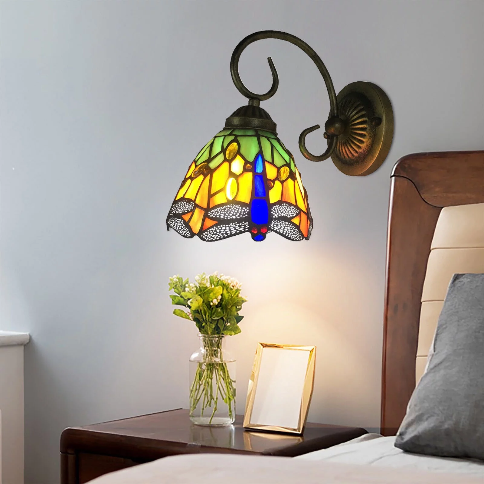 Miumaeov Dragonfly Stained Glass Wall Lamp LED Classic Tiffany Wall Sconce Bedroom Decor