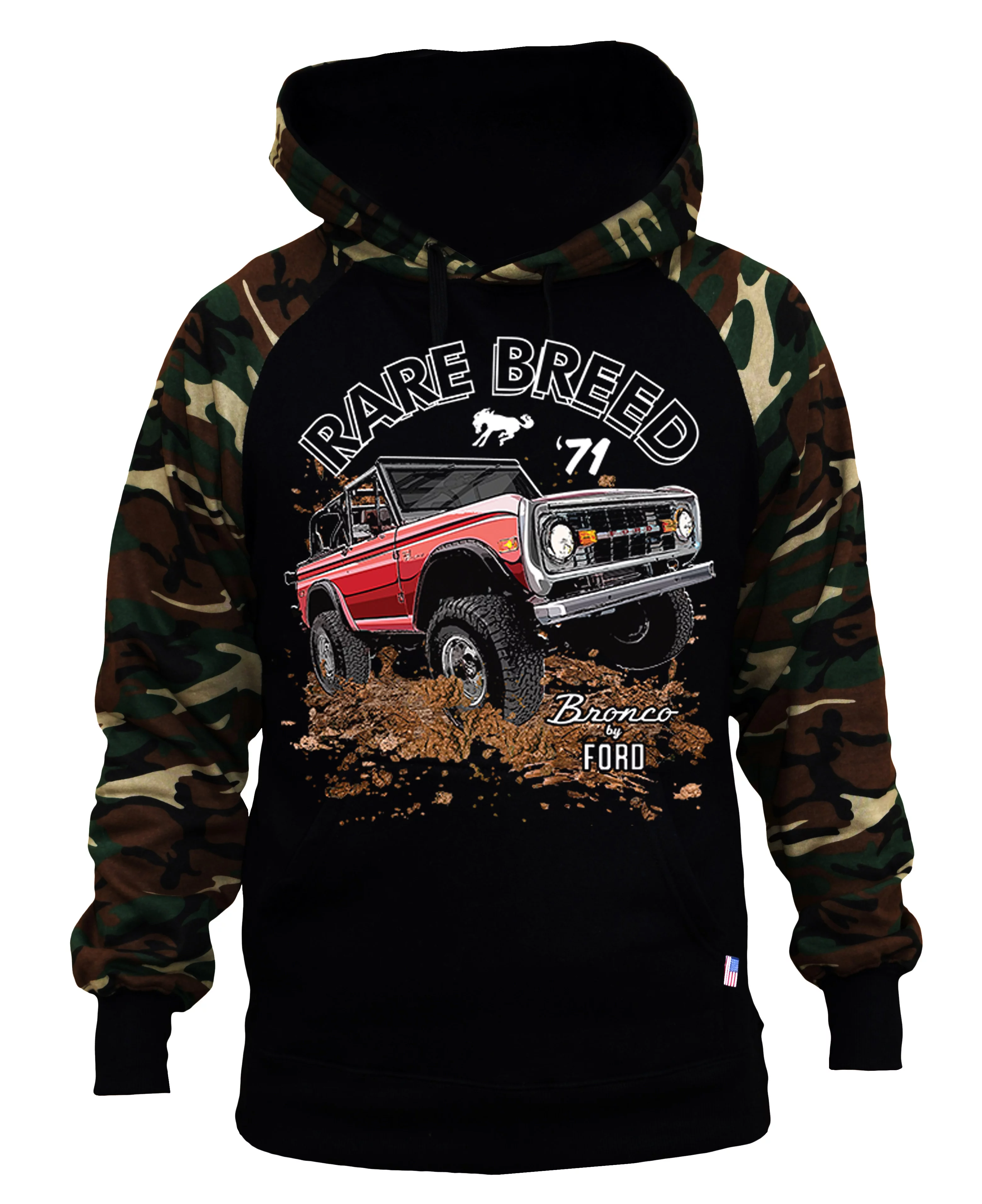 Men's Ford Bronco Rare Breed Black/Camo Raglan Baseball Hoodie Medium Black