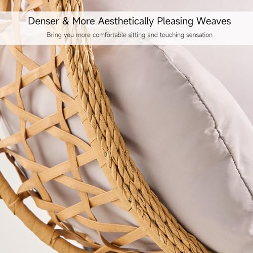 Egg Chair with Stand, Wicker Rattan Swing Hammock Chair with Fine Lace & Cushion, Hanging Chair with Double Chains, 350LBS Capacity for Outdoor & Indoor Patio, Porch, Bedroom, Balcony (Beige)