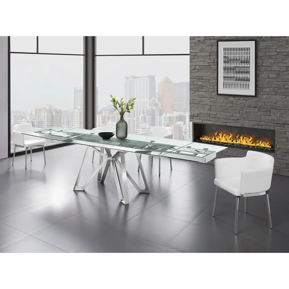 Casabianca Home Dcota manual dining table with brushed stainless steel base and clear top.