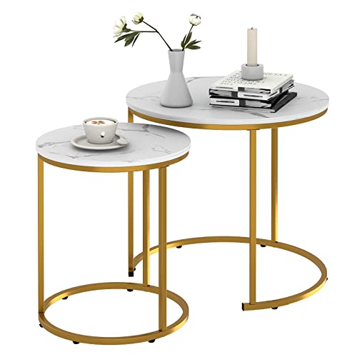 Garden 4 you Coffee Table Faux Marble Nesting Table for Small Place 2 Sets Modern Furniture Living Room Sets End Side Table Night Stand for Bed Room Dining Room (White & Gold)