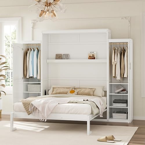 Ball & Cast Queen Size Murphy Bed with Two Wardrobe and Storage Shelf, Wall Bed Frame Folding into Cabinet Design,Multifunctional Foldable Platform Bed for Small Space,Bedroom,Guest Room, White