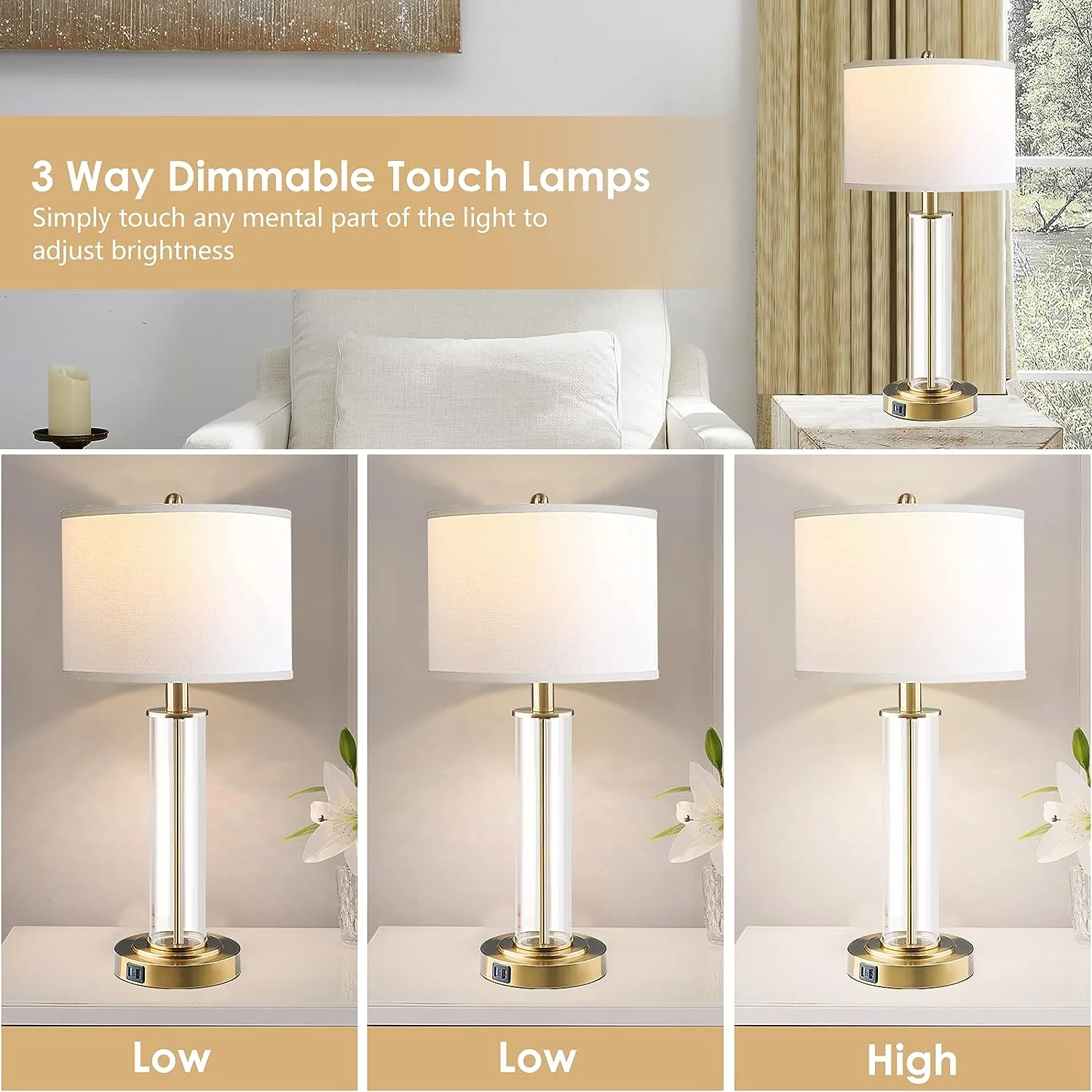 Partphoner Table Lamps for Living Room,Touch Control Gold Lamps for Bedrooms Set of 2,Modern Bedside Table Lamp with Dual USB Ports,Tall Nightstand lamp with Whites Lampshades (2 Bulbs Included)