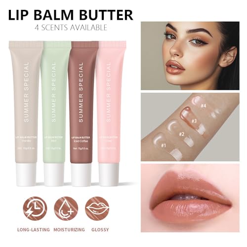 4 PCS Summer Special Lip Butter Balm – Ultra-Hydrating Lip Care with Shea Butter & Olive Oil, Soothes Dry Lips with Natural Tint & Gloss Effect, Lip Plumper Moisture & Light Lip Stain Finish