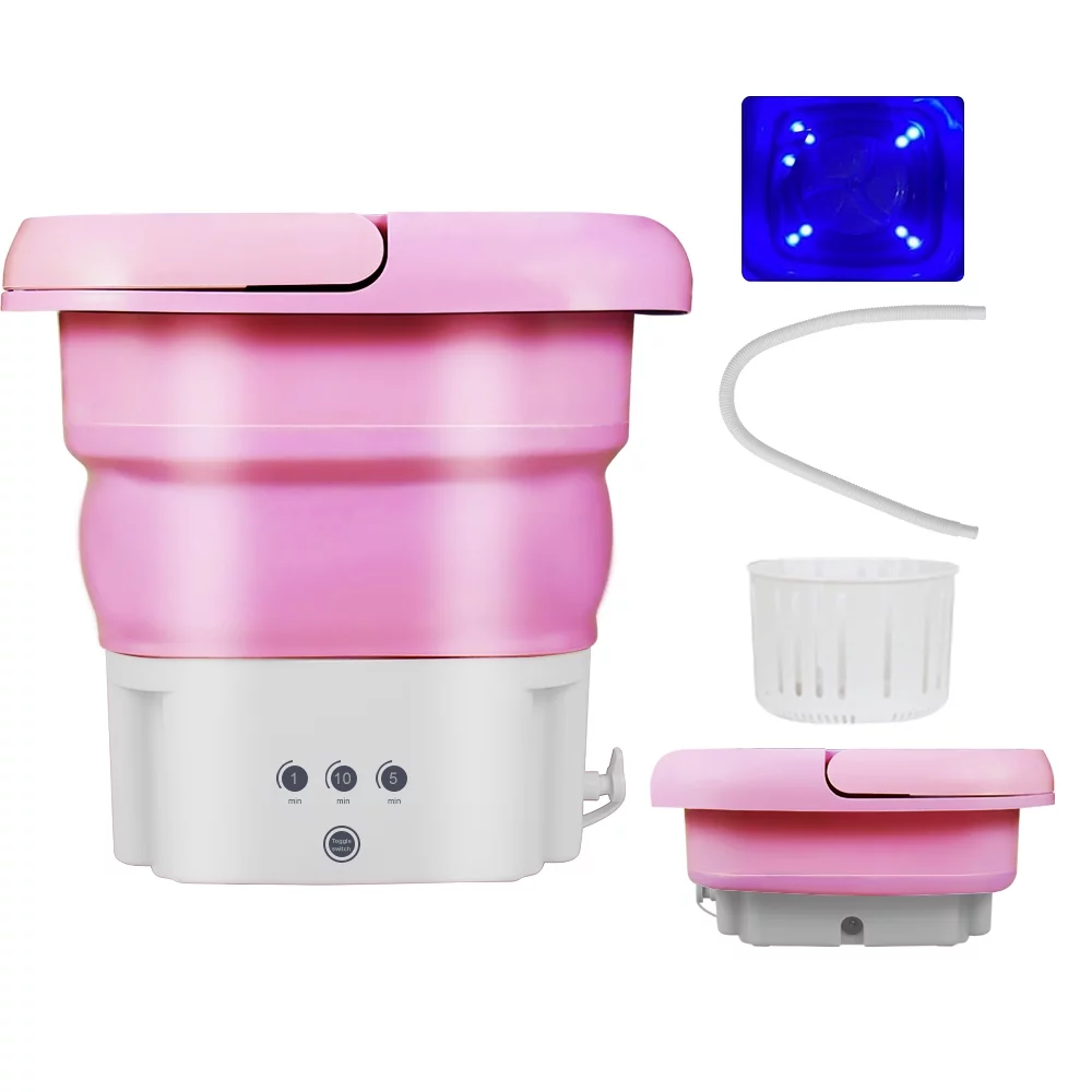 Foldable Portable Washing Machine 4.5L Mini Dehydratable Washer Washing Machine With Drain Basket For Underwear, Personal, Baby-Pink