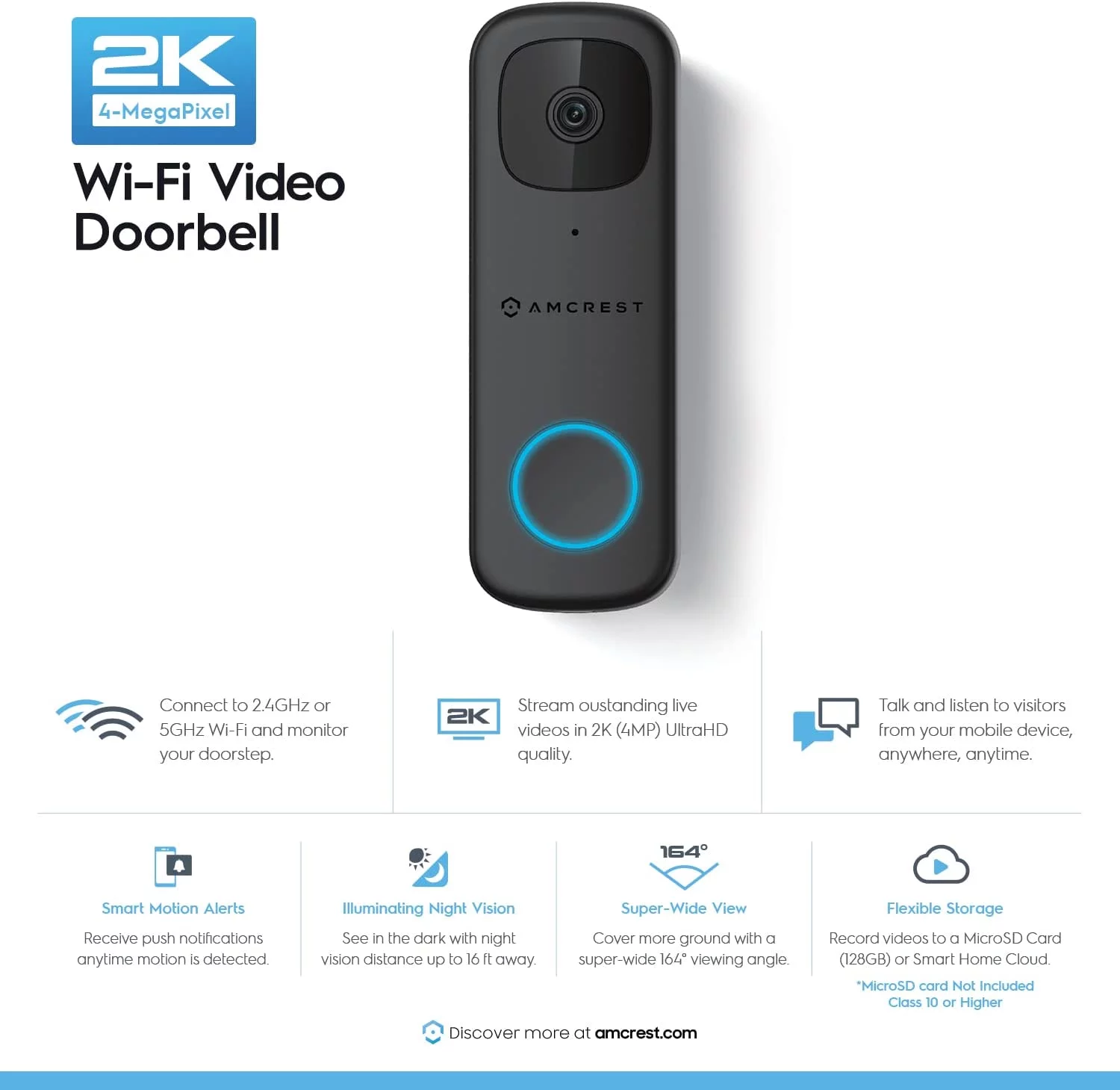 Amcrest 4MP Video Doorbell Camera Pro, Outdoor Smart Home 2.4GHz and 5GHz Wireless WiFi Doorbell Camera, Micro SD Card, AI Human Detection, IP65 Weatherproof, 2-Way Audio, 164º Wide-Angle AD410 (Used)