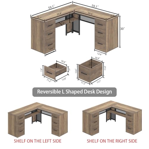 HSH L Shaped Corner Home Office Desk with Drawers, Large Computer Desk with Storage File Cabinet Shelves, Rustic Wood Metal Computer Table for Bedroom Executive Work Study Writing, Dark Gray, 59 Inch
