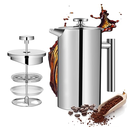 Mongdio French Press Coffee Maker, 34 Ounce (1 Litre) French Press Stainless Steel with 3 Filter, Double Wall Insulated, Easy to Clean, For Home Camping Travel Gifts