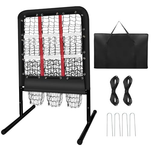 9 Hole Pitching Net with Strike Zone and Handbag, 2X3' Fixed by 4 Ground Stakes or 2 Sandbags. Adjustable Heights(39-46in) for Pitching Target Net