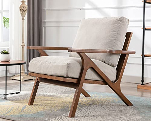 Mid Century Modern Accent Chair with Ottoman, Farmhouse Linen Upholstered Living Room Armchair and Ottoman Set, 23