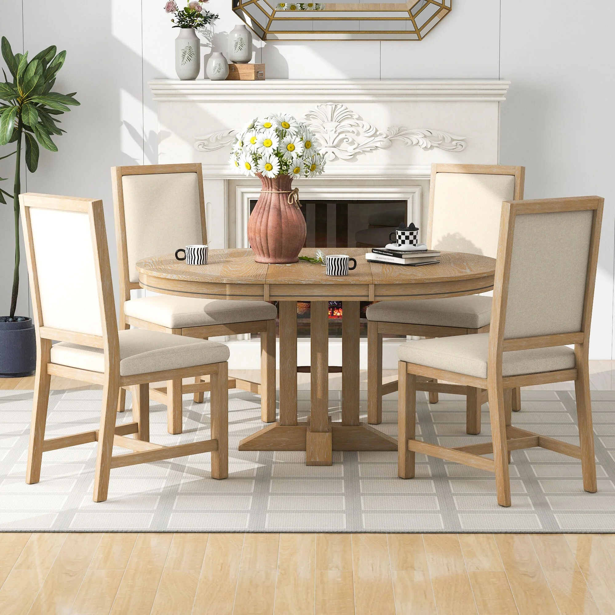 Nestfair  5-Piece Dining Set with Extendable Round Table and 4 Upholstered Chairs Natural Wood Wash