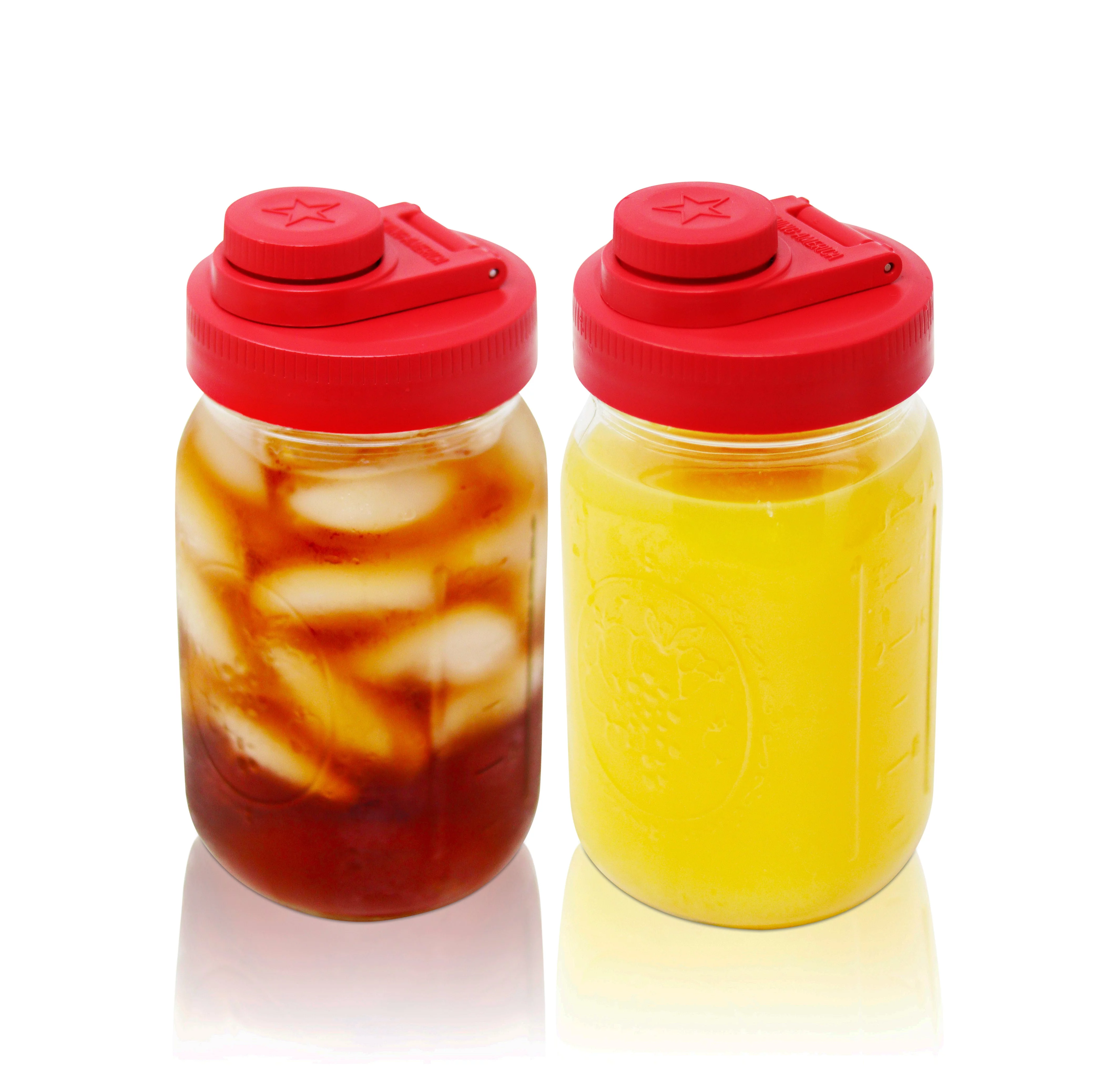 Brewing America Glass Mason Jar Pitcher with Lid - Ball Jars, 1 Quart (32 oz) with Wide Mouth Mason Jar Pour Lid, for Smoothie, Boba Cup, Sun Tea Jar, Cold Coffee Glass Tumbler, 2-Pack Old Glory Red