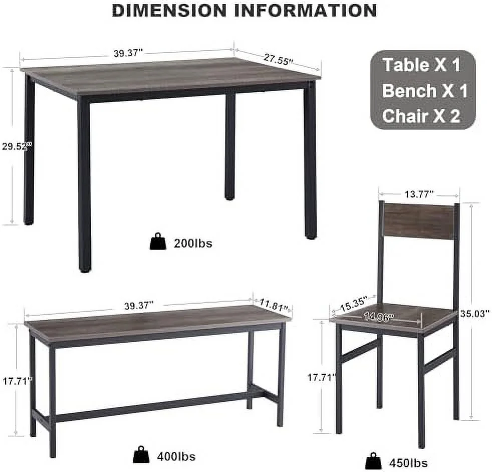 KHBIULIFE Small Kitchen Table and Chairs for 4  Dining Room Table and 2 Chair 1 Bench  Table and Chairs Set of 4 for Small Space  Apartment- Durability- Easy to Clean and Maintain