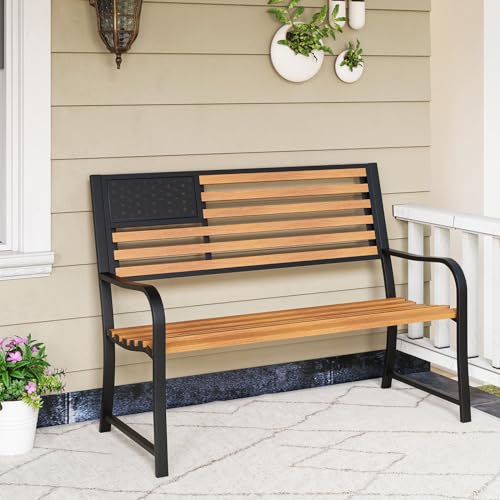 Tangkula 50” Outdoor Garden Bench, 2-Person Metal Patio Chair with Flag Pattern Backrest & Rustic Wood Grain Finish, Patriotic Bench with Arms for Porch, Deck, Park, Brown & Black