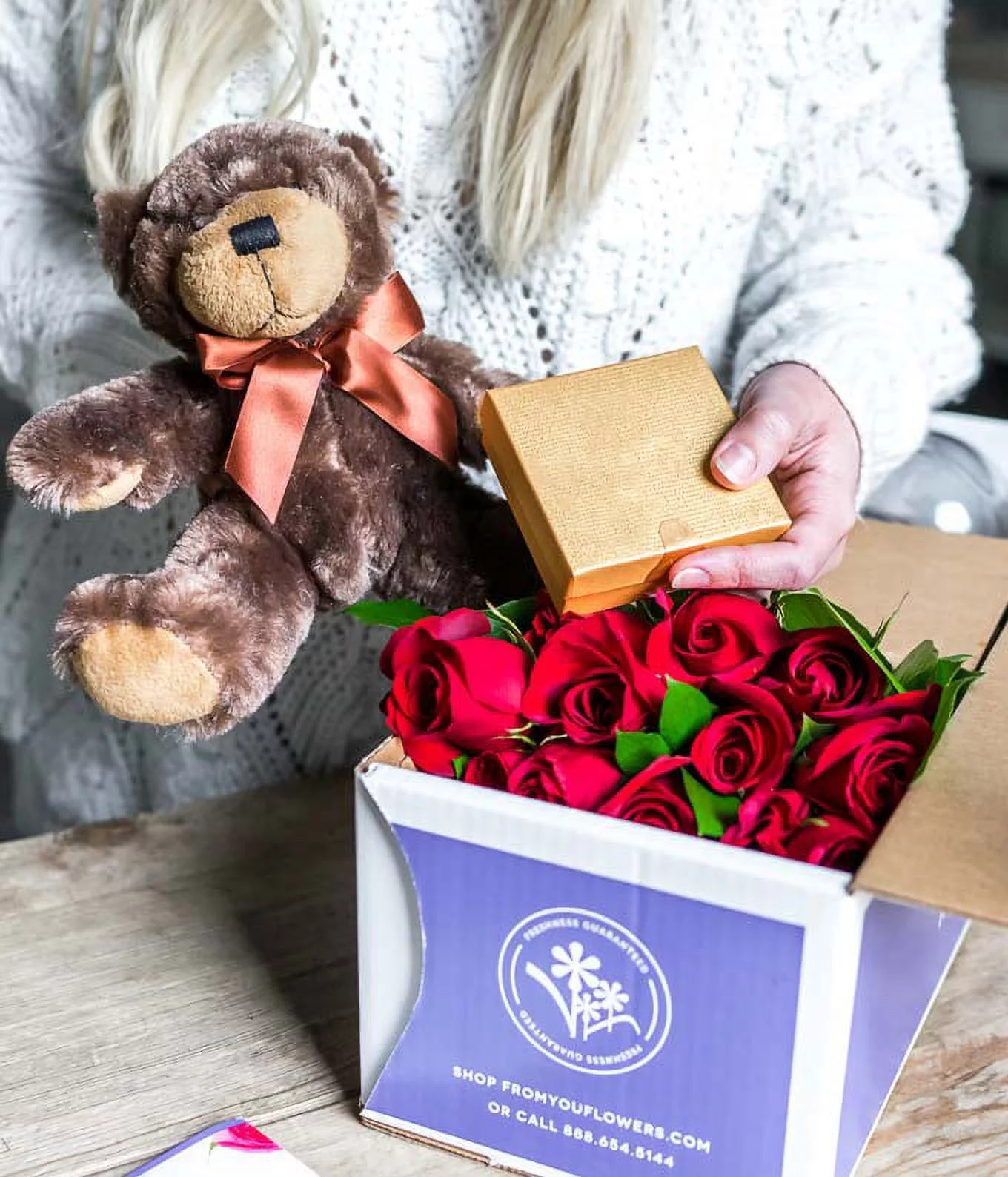 From You Flowers - Two Dozen Premium Long Stem Red Roses with Chocolates & Bear (Fresh Flowers)