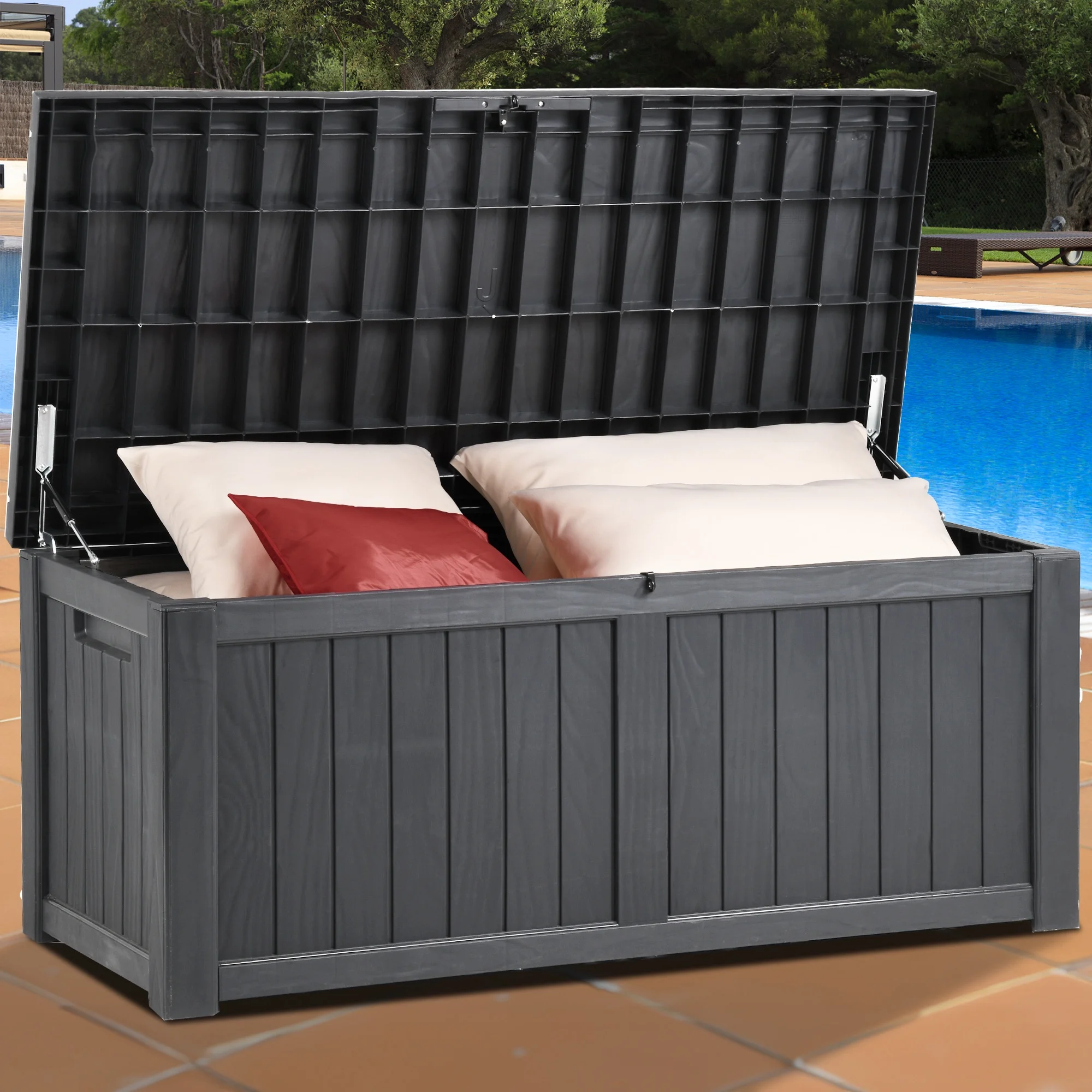Dextrus Outdoor Storage Deck Box 120 Gallon - Large Resin Patio Storage for Outdoor Pillows, Garden Tools and Pool Supplies - Waterproof and Lockable (Dark Grey)