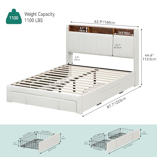 YITAHOME Queen Size Bed Frame, Storage Bed Frame with 4 Drawers & LED Light, Platform Bed with Storage Upholstered Headboard and Charging Station, No Box Spring Needed, Easy Assembly, Beige