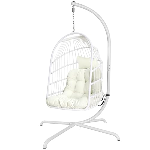 Chihee Egg Chair Foldable Wicker Rattan Hanging Chair Swing Chair Indoor Outdoor Patio Wicker Chair Hammock Chair with Stainless Steel Hanging Kit Chain Link UV Resistant Cushion Bedroom Balcony