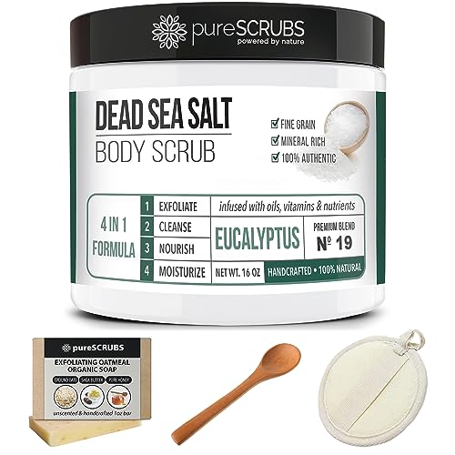 pureSCRUBS Premium Eucalyptus Body Scrub Set - Large 16oz Dead Sea Salt Body Scrub With Infused Essential Oils & Nutrients, Includes Wooden Spoon, Loofah & Oatmeal Exfoliating Bar Soap