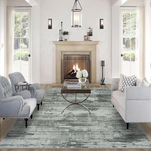 Area Rugs 9x12 Living Room: Large Machine Washable Area Rug with Non Slip Backing Non Shedding Abstract Stain Resistant Carpet for Bedroom Dining Room Nursery Home Office - Beige/Blue