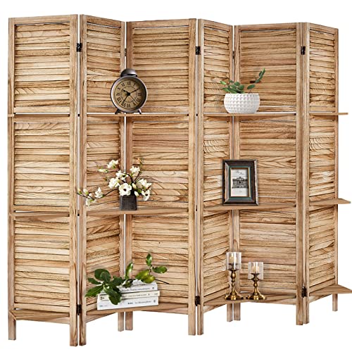 Room Divider with Shelves, Privacy Screen, Room Dividers and Folding Privacy Screens, 5 Panel Wood Temporary Wall Partition Separation Separator, Coconut