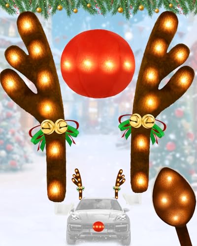 Christmas Reindeer Antlers Car Decoration Kit, LED Lights Nose Vehicle with Jingle Bells Rudolph, Auto Holiday Accessories for SUV Van Truck Decor Multicolor