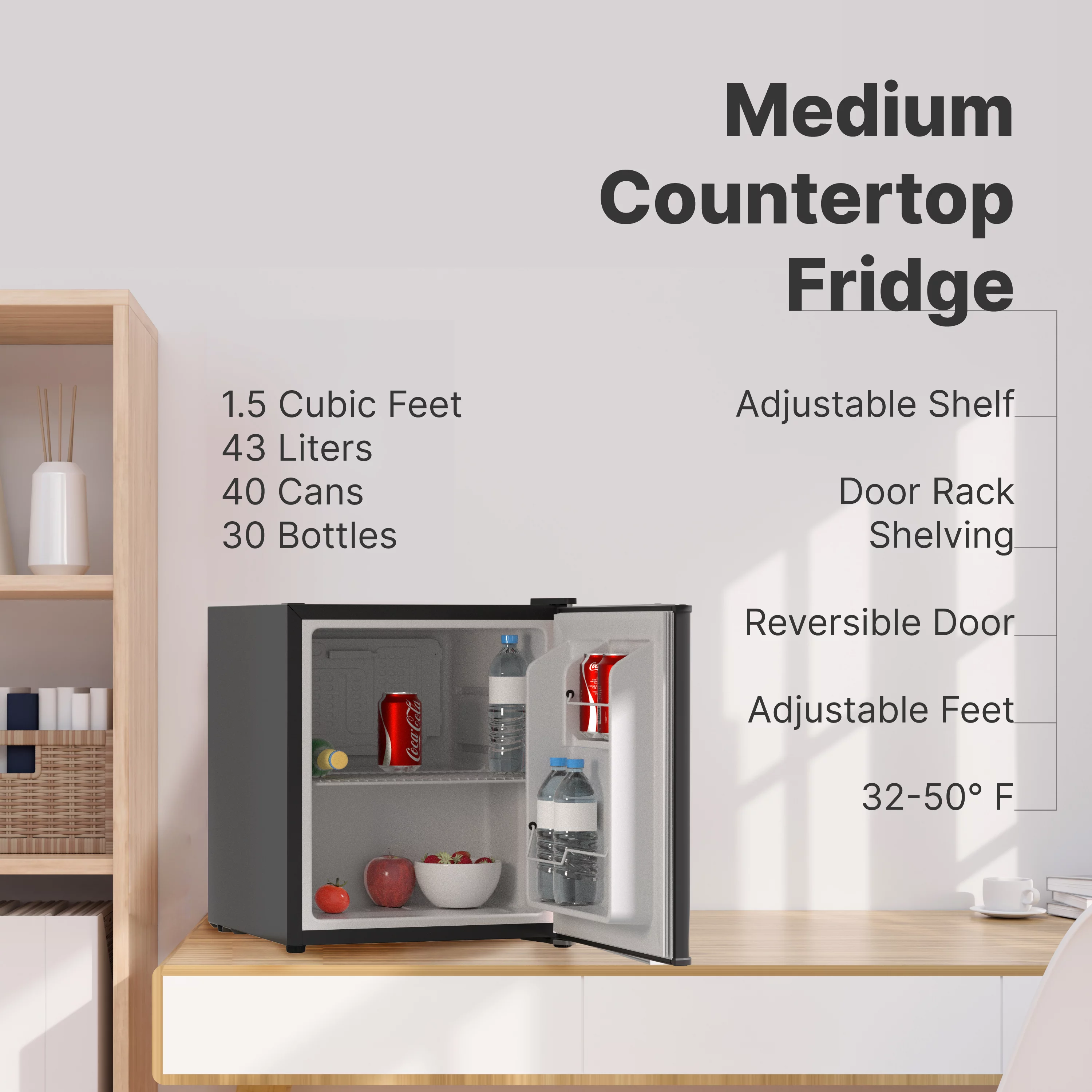 Husky 43L Reversible Solid Door Beverage Refrigerator 1.5 Cu. ft. Freestanding Mini Fridge in Black, New