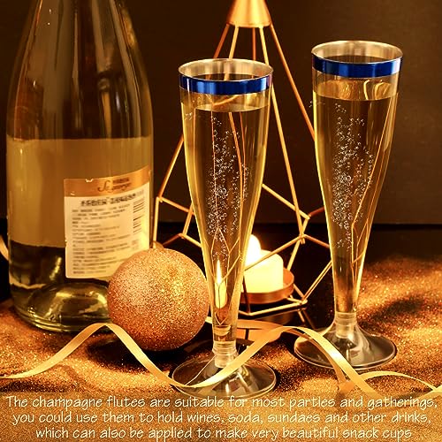 Zubebe 100 Pcs Plastic Champagne Flutes 4.5oz Classic Champagne Clear Plastic Cups Wedding Party Toasting Cocktail Cups Bulk Home Toasting Drinking Party(Blue)