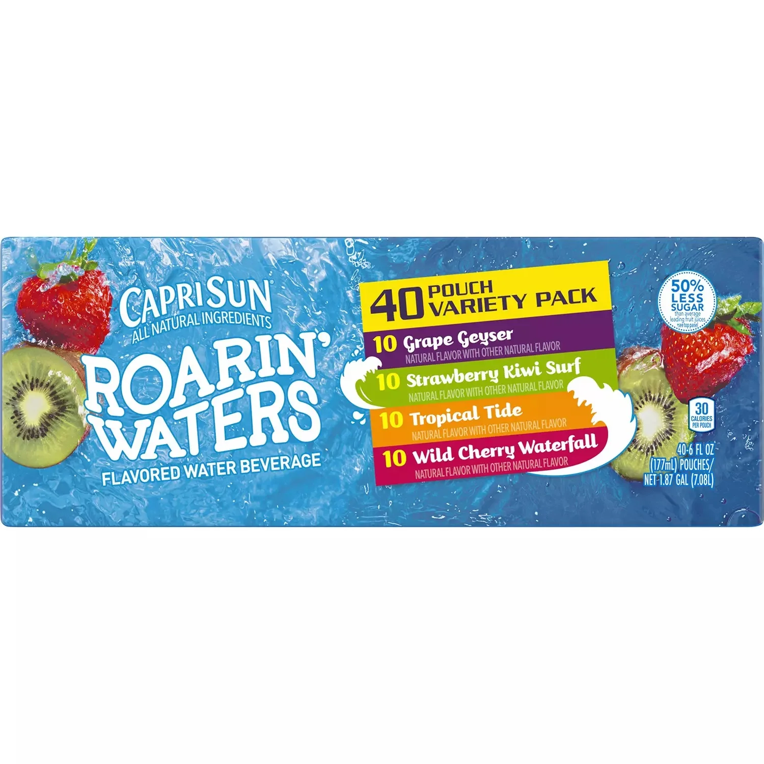 Capri Sun Roarin' Waters Grape Geyser, Strawberry Kiwi Surf, Tropical Tide & Wild Cherry Waterfall Naturally Flavored Water Beverage Variety Pack, 40 ct Box, 6 fl oz Pouches