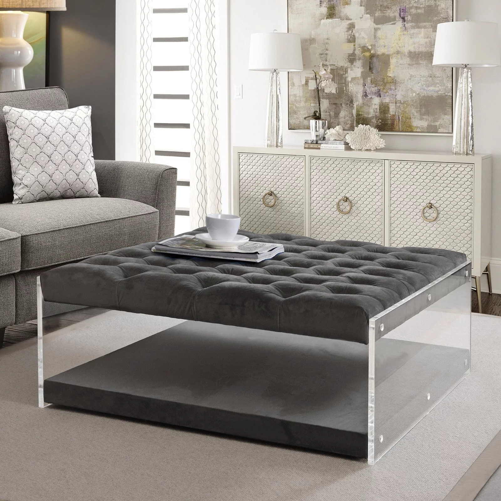Inspired Home Bailey Velvet Contemporary Coffee Table Ottoman