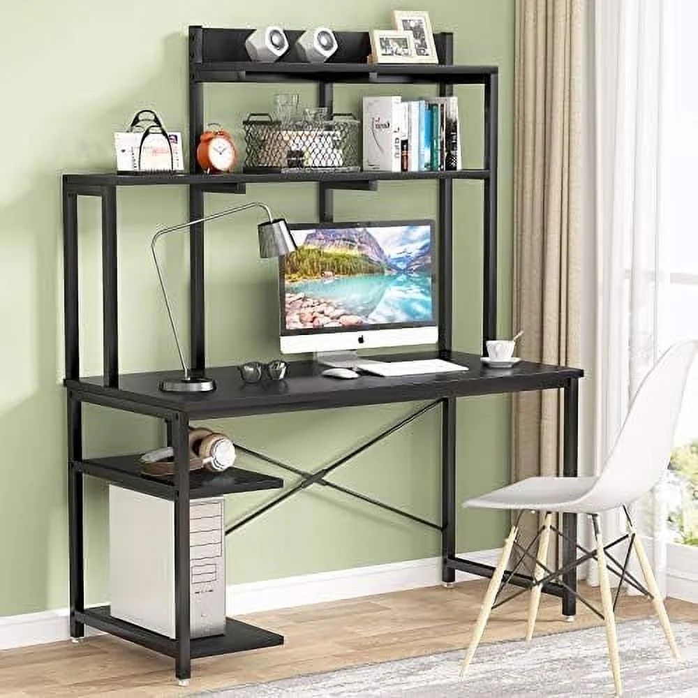 Computer Desk with Shelves and Hutch  47 Inch  Office Desk with  Bookshelf CPU Stand  PC Laptop Workstation Writing Study Table for Small Space  Space-Saving Desk (Black)