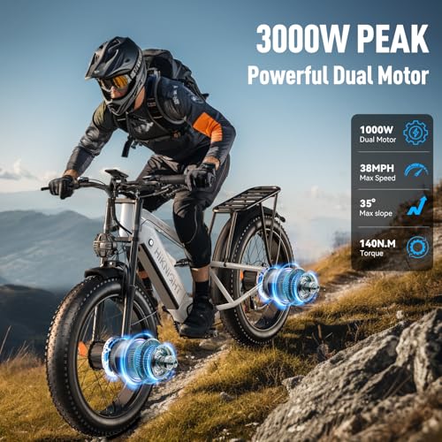 Dual Motor Electric Bike Peak 3000W, 52V 20AH Battery E Bike for Adults 26 Inch Fat Tire Mountain Electric Bicycle 38 MPH, Full Suspension Dual Hydraulic Disc Brake, Up to 90 Miles Range