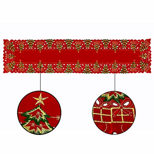 Grelucgo Embroidered Christmas Holiday Holly Tree Table Runner, Dresser Scarf, Rectangular 16 x 72 Inch