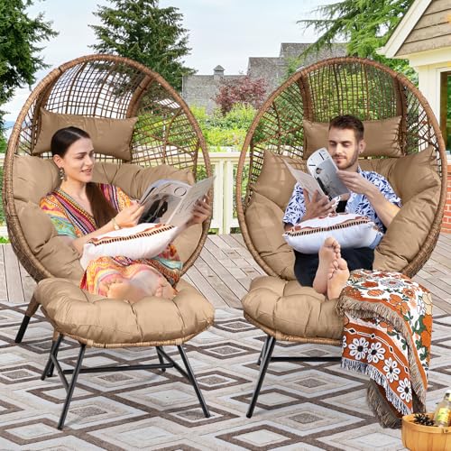 RADIATA Egg Chair with Footrest, Wicker Patio Lounger with Ottoman, Oversized Rattan Egg Shaped Chair with Leg for Indoor Outdoor Patio Balcony Garden (Nature)