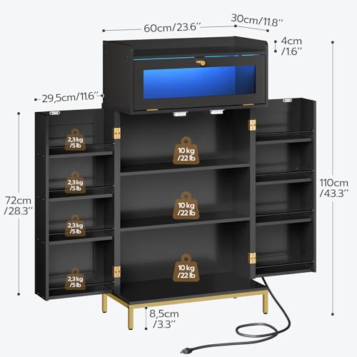 HOOBRO Pantry with Charging Station, Kitchen Pantry with LED Light and Storage Rack, Kitchen Food Cabinet with Acrylic Drawer Doors, Suitable for Dining Room, Bedroom, Black and Gold DB22UDPC01