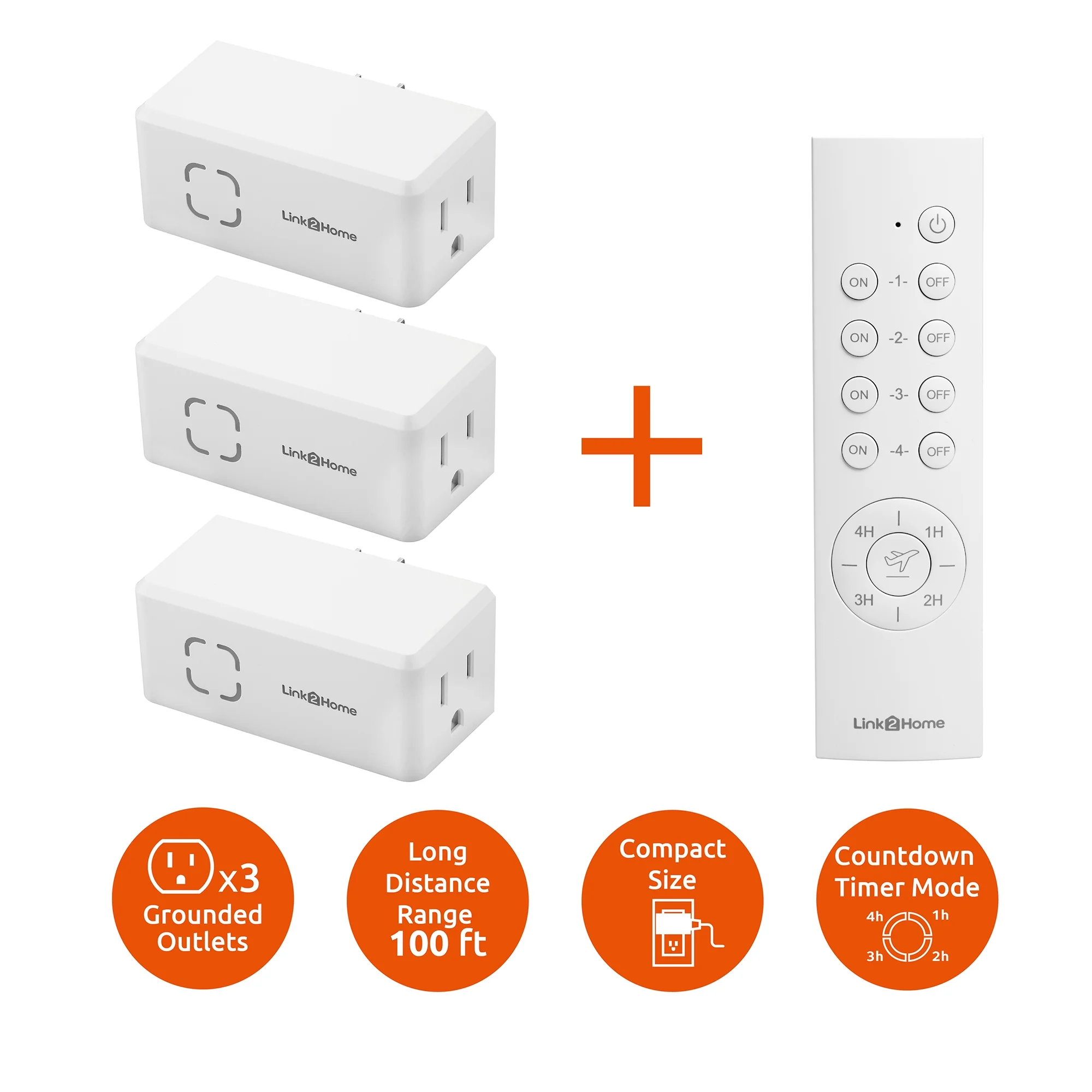 Link2Home Wireless Remote Control Outlet Light Switch, Countdown Timer and Random Function, 100 ft range, Compact Side Plug. Switch ON/OFF Household Appliances.