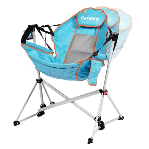 Hammock Camping Chair, Folding Portable Rocking Chair, Aluminum Alloy Adjustable Back Swinging Chair with Pillow Cup Holder, Recliner with Carry Bag for Outdoor Travel Lawn Backyard, (Blue)