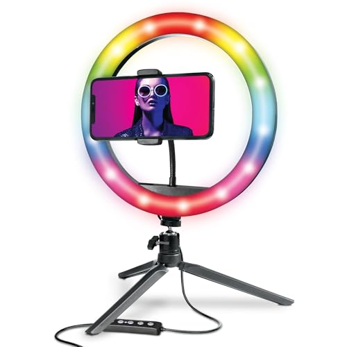Bower 10 inch RGB Selfie Desktop Ring Light Stand Studio Kit - Ultra Wide Range, 9 Colors, 12 Brightness Levels, Special Effects, Tripod, Phone Clip/Holder