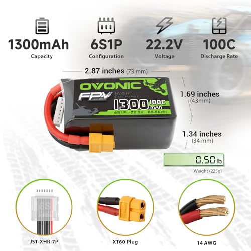 OVONIC 6S Lipo Battery 100C 1300mAh 22.2V Lipo Battery with XT60 Connector for RC FPV Racing Drone Quadcopter