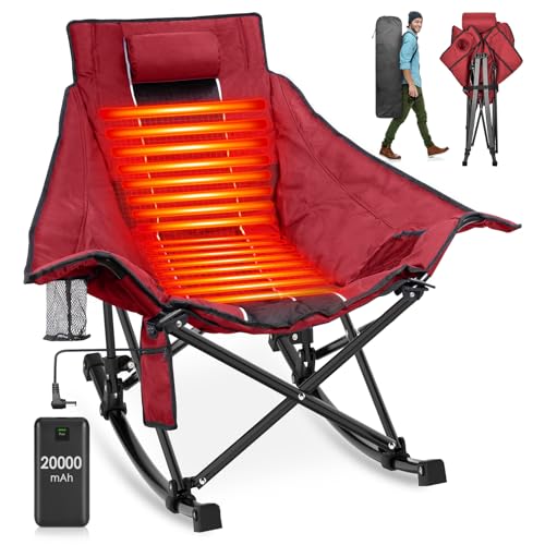 Suteck Heated Rocking Camping Chair, XL Oversized Rocking Chair Outdoor with 3 Heat Levels for Back and Seat, Heated Chairs Outdoor Sports W/20,000mAh Power Bank for Patio Lawn Picnic Travel
