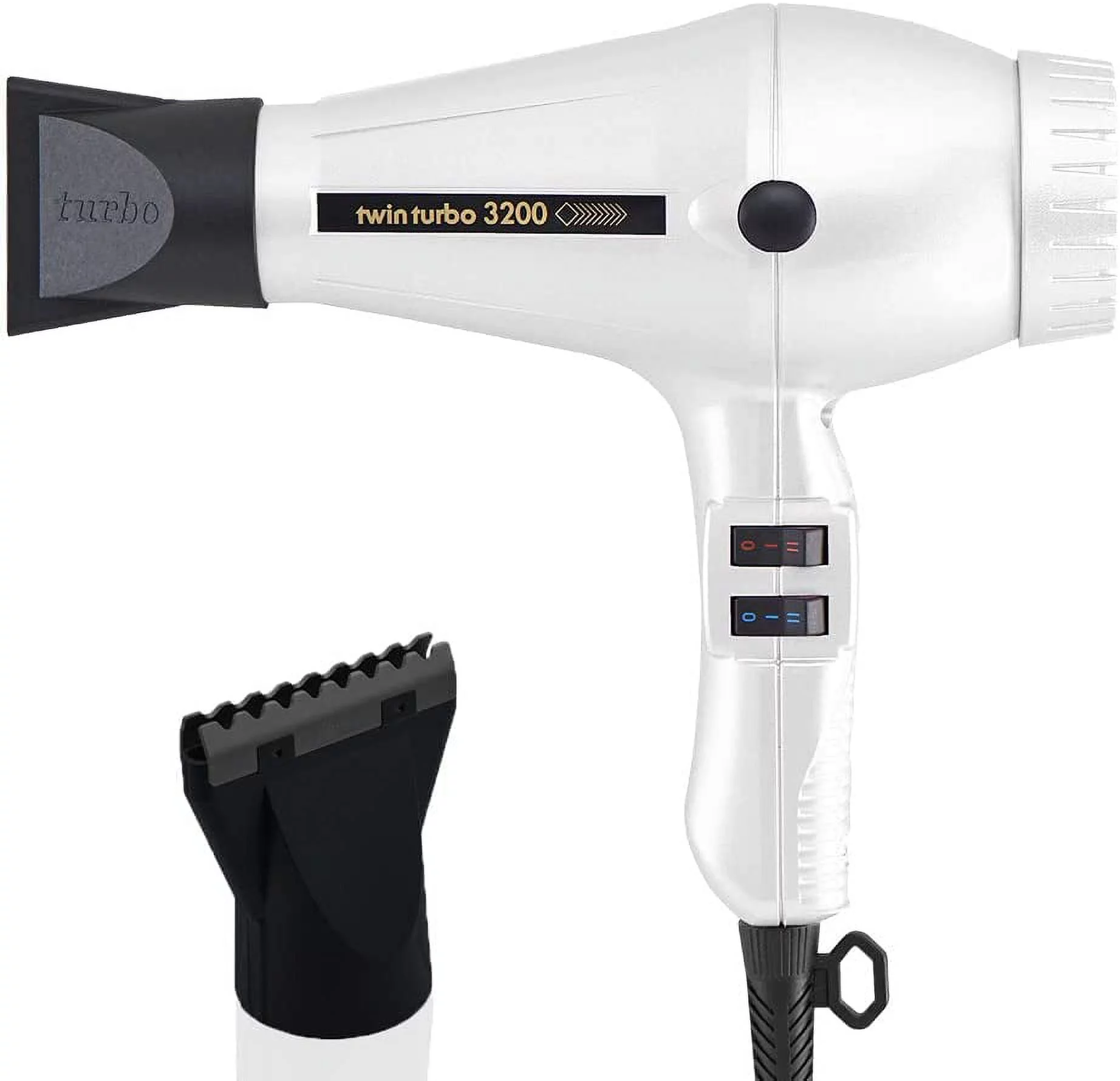 Turbo Power Twin Turbo 3200 White Hair Dryer and M Hair Designs Hot Blow Attachment Black (Bundle 2 Items)