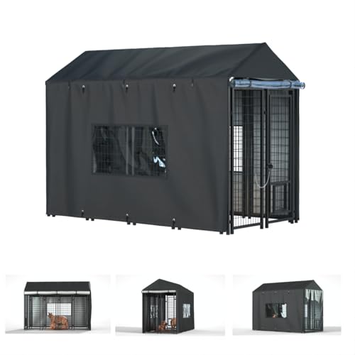 Outdoor Dog Kennel Cover - 8.1'D x 4.1'W x 6'H. All-Weather Waterproof Protection for Multiple Brands of Kennels of The Same Size, Black