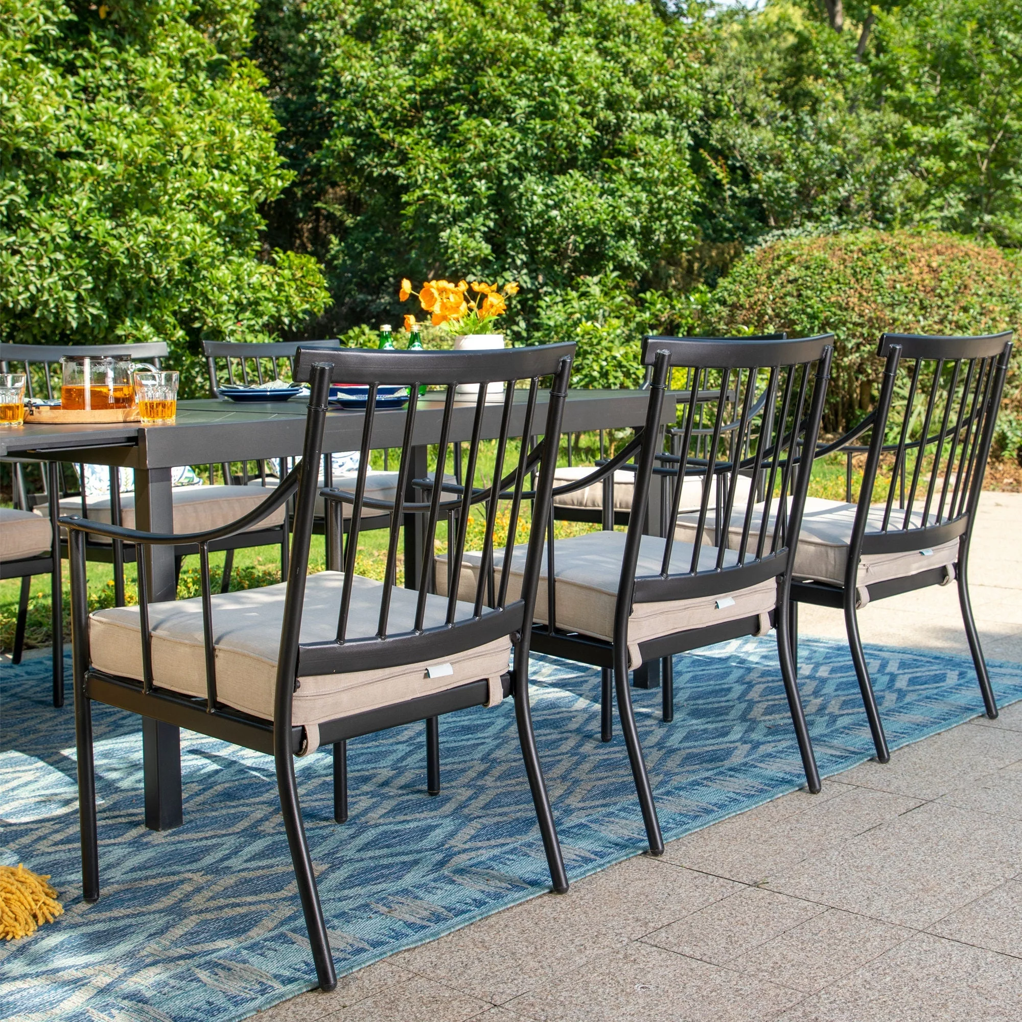 Summit Living 9-Piece Outdoor Dining Set with Large Extendable Table & Cushioned Chairs for 8-Person, Black & Beige