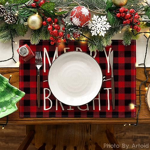 Artoid Mode Merry and Bright Buffalo Plaid Christmas Placemats for Dining Table, 12 x 18 Inch Seasonal Winter Watercolor Truck Xmas Tree Holiday Rustic Vintage Washable Table Mats Set of 4