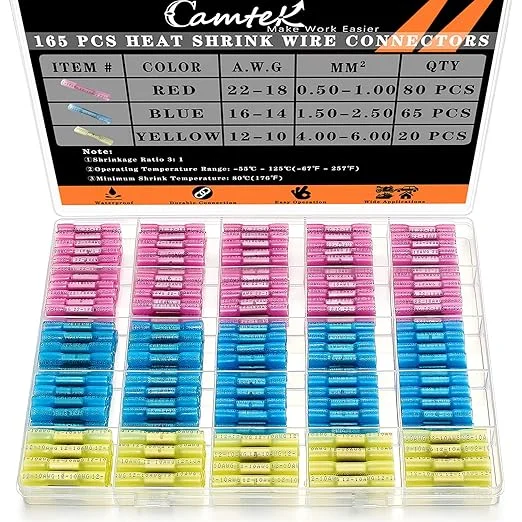 Camtek 165PCS Heat Shrink Butt Connectors Kit, AWG 22-10 Insulated Waterproof Electrical Wire Connectors Marine Grade Tinned Red Copper Butt Splice Connectors for Marine,Truck,Stereo